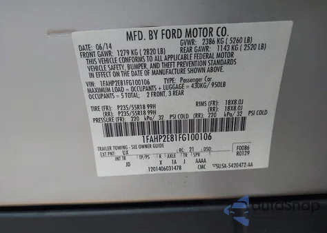 2015 Ford Taurus Sel из США, поврежденный, VIN 1FAHP2E81FG100106